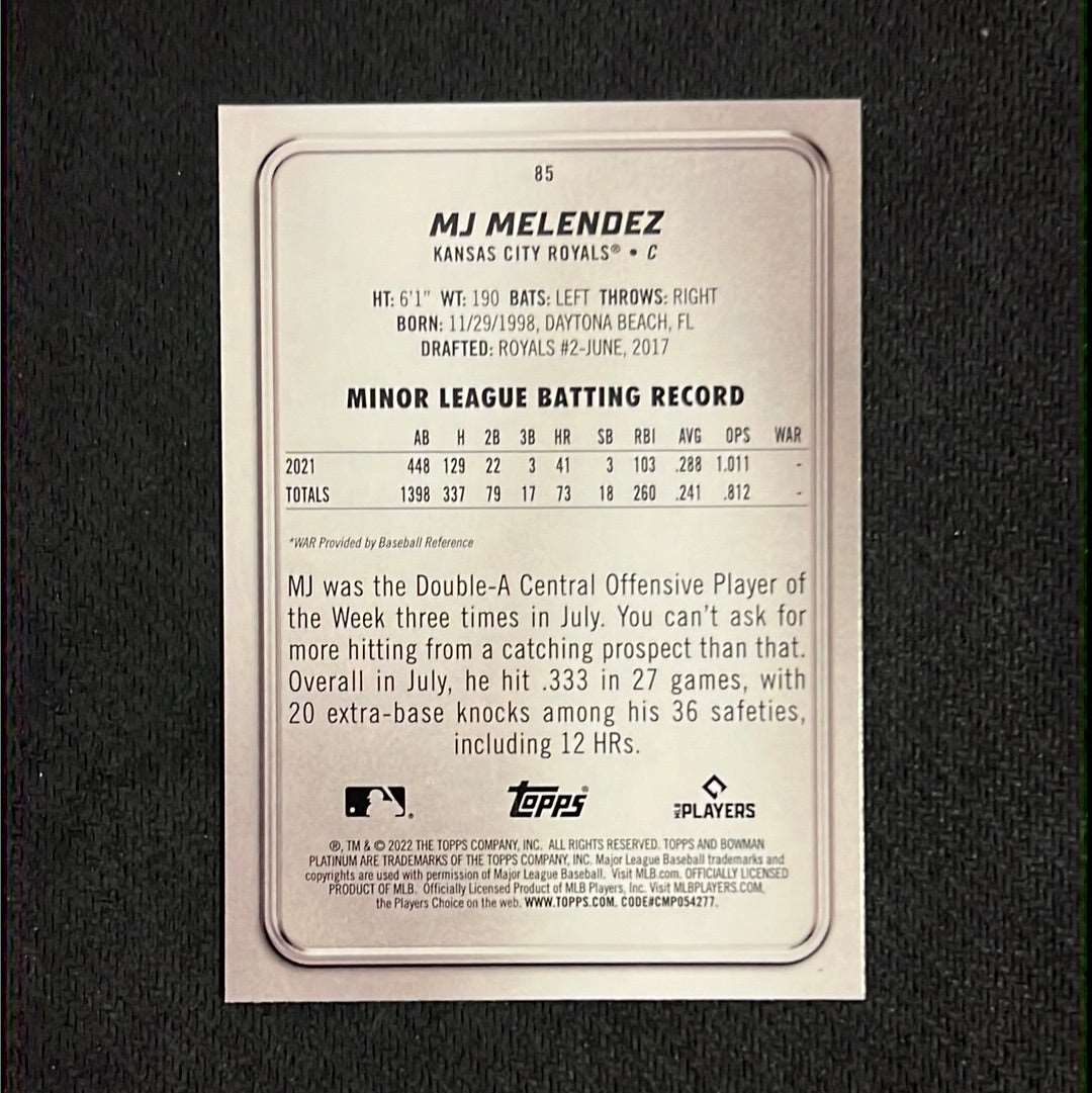 #85 RC - MJ Melendez - KC Royals • C - 2022 Bowman Platinum